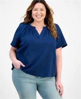 Летняя блузка большого размера с коротким рукавом и V-образным вырезом, украшенная рюшами от Style &amp, Co 11037164