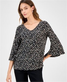 Топ Kasper с V-образным вырезом и расклешёнными рукавами 3/4 с абстрактным принтом: динамичный и стильный 11022395