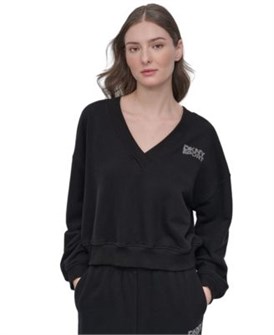 Женский лонгслив DKNY из 100% хлопка с V-образным вырезом и стразами-логотипом 11031018