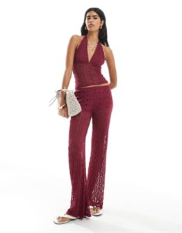 Широкие кружевные брюки Pull&amp,Bear бордового цвета с высокой талией и эластичным поясом 11037537