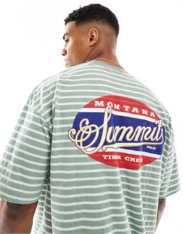 Трендовая оверсайз футболка ASOS DESIGN в бело-зелёную полоску с принтами на груди и спине 11039099