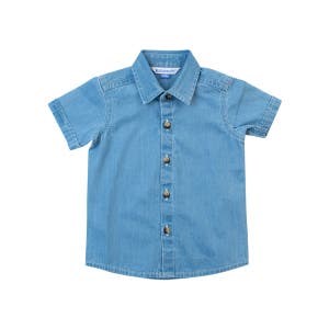 Рубашка с коротким рукавом из денима светло-голубого цвета RuffleButts с пуговичной застежкой 10046076