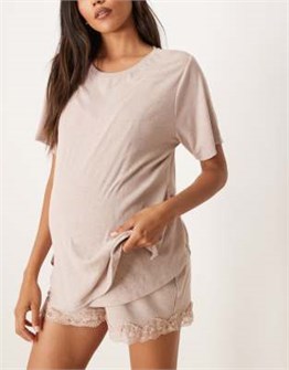 Комплект пижамы для беременных ASOS Maternity из рибаны с кружевом: футболка и шорты с эластичным поясом 11037877