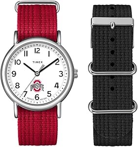 Timex Унисекс часы Weekender 38 мм, серебристый корпус, красный ремешок с логотипом Ohio State Buckeyes 11055878