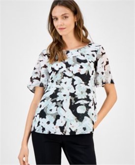 Блуза Kasper с принтом и швейцарскими точками, короткими летящими рукавами и лодочным вырезом, 100% полиэстер 11022393