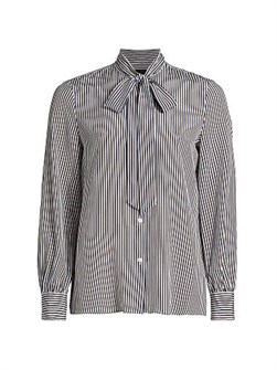 Nili Lotan Шёлковый топ Irina с вертикальными полосками и бантом, длинными рукавами, 100% шёлк 11018859