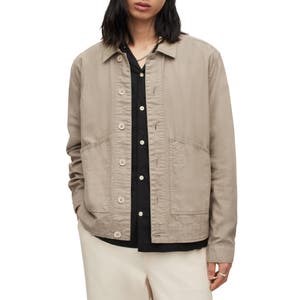 AllSaints Льняная и хлопковая рубашка-куртка Bruc с разлетной горловиной 10041400