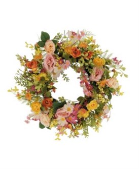 Puleo International Венок весенний искусственный с розами, деревом и маргаритками, 61 см, для внутреннего и наружного использования 11049834