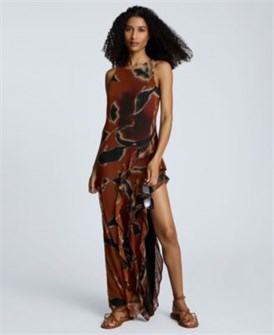 Женское макси-платье с абстрактным принтом и рюшами от Kenneth Cole, с круглым вырезом и А-образным подолом 11045577