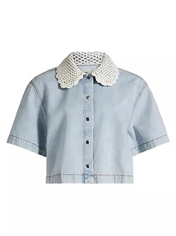 Женская джинсовая рубашка Frame с кружевным воротником, 75% хлопок, короткие рукава, застежка на кнопках 10042002