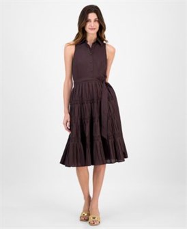 Стильное и универсальное молодёжное миди-платье без рукавов с поясом и пиктоновым дизайном от Anne Klein 11037170