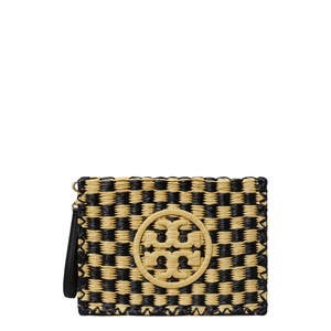 Tory Burch Косметичка из рафии с ремешком для запястья и логотипом, с молнией сверху, структурированный силуэт 10044813