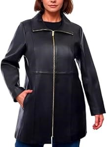 Кожаная куртка средней длины Anne Klein для полных женщин из натуральной кожи с мягкой подкладкой 11056955