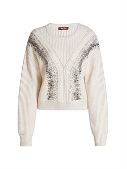 Max Mara Studio Свитер из шерсти с градиентной вышивкой Max Mara с круглым вырезом и длинными рукавами 11022271