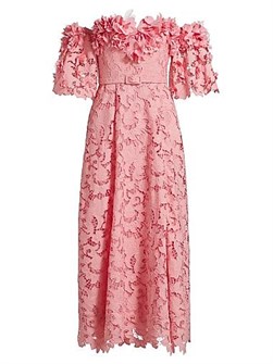 Миди-платье с открытыми плечами из гюпюра с цветочным декором на лифе от Badgley Mischka 11036786