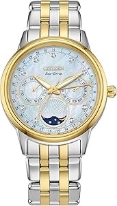 Citizen Женские часы Eco-Drive Calendrier с фазами Луны, стальной корпус и браслет, 37 мм, с девятью бриллиантами 11043113