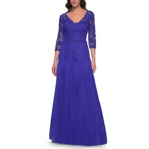 Платье A-Line из тюля и кружева с V-образным вырезом и рукавами 3/4, La Femme 10044649