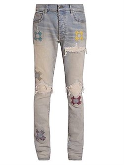 Джинсы Mx1 Skinny с вырезами и вышивкой логотипа MA Quad от Amiri, 92% хлопка, сделано в Италии 11031077