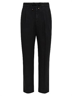 Брюки из льняной габардины от Brunello Cucinelli свободного кроя с завязками и двойными складками 11034586