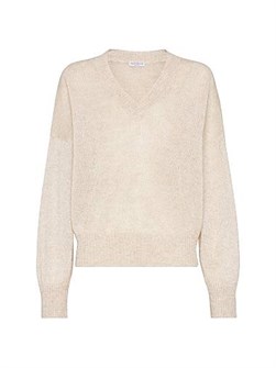 Brunello Cucinelli Итальянский свитер из искрящегося мохера и шерсти с V-образным вырезом и широкими рукавами 11031460