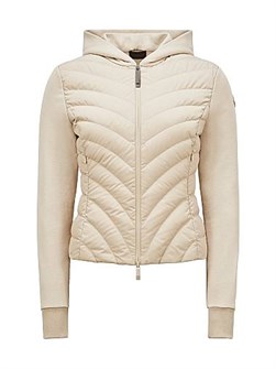 Утеплённый пухом хлопковый флисовый кардиган Moncler с регулируемым капюшоном и карманами на молнии 11034635