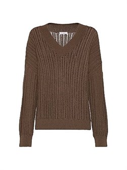 Хлопковый свитер с ажурной резинкой и монелем от Brunello Cucinelli, Италия, V-образный вырез, широкие рукава 11031849