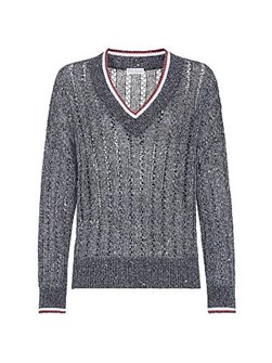 Льняной свитер от Brunello Cucinelli с рельефной сеткой, V-образным вырезом и широкими рукавами, произведённый в Италии 11035319