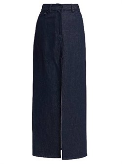 Длинная джинсовая юбка А-силуэта из хлопка и льна от Michael Kors с пятью карманами и разрезом спереди 11022875