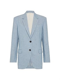 Пиджак в полоску из льна и конопли от Brunello Cucinelli с декором из латунных монет и застежкой на роговые пуговицы 11031458