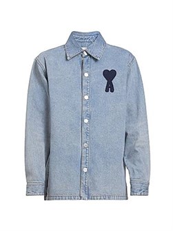 Лонгслив из хлопкового денима с эмблемой и отложным воротником AMI Paris ADC, произведённый в Португалии 11023579