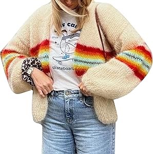 Лёгкий кардиган Flygo с длинным рукавом и цветными полосками из полиэстера 10023012