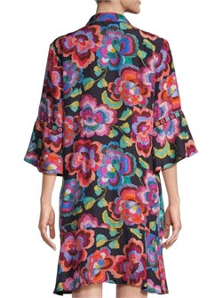 Johnny Was Шелковое платье с цветочным принтом Calanthe, длиной до колена, с воротником рубашечного стиля и асимметричным подолом 11178187