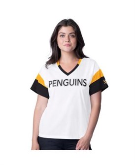 Женская белая футболка с декольте и стразами Pittsburgh Penguins, большого размера от G-III 11224818