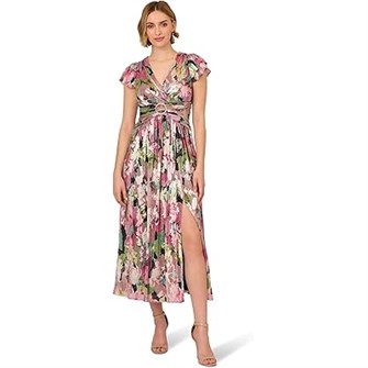 Коктейльное платье с цветочным металлическим блеском и вилочной горловиной от Adrianna Papell 11167405