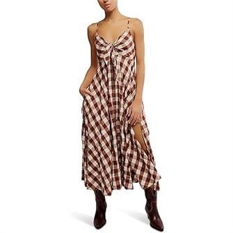 Легкое платье миди Free People Via с V-образным вырезом, 100% хлопок, стильный клетчатый принт 10047604