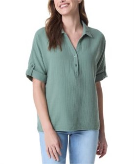 Хлопковая футболка с текстурированной поверхностью и отложным воротником от Gloria Vanderbilt, короткие рукава, модель Callista 11222833