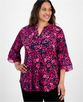 Топ большого размера Kasper с цветочным принтом и разрезом, рукава 3/4 с оборками 11227933