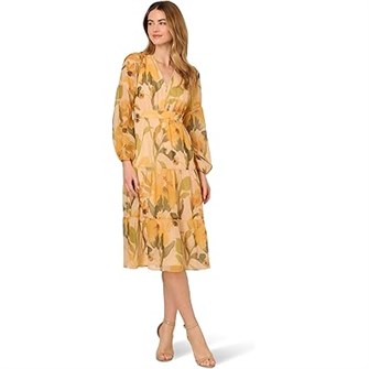 Платье миди из органзы с цветочным принтом и длинными рукавами Adrianna Papell с глубоким вырезом на спине 11178344