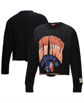 Женский укороченный лонгслив с чёрными стразами New York Knicks Hardwood Classics от Mitchell &amp, Ness 11223125
