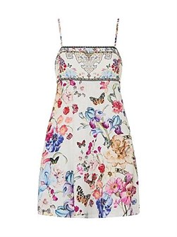 Яркий льняной мини-сарафан Camilla с квадратным вырезом, карманами и стразами 10048428