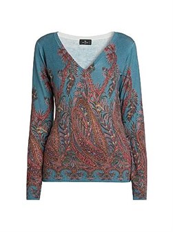 Пуловер из кашемира и шелка с узором пейсли, V-образным вырезом и длинными рукавами от Etro, Италия 11167390