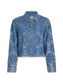 Джинсовая укороченная рубашка oversize из хлопка от Alice + Olivia с лазерной вырезкой и длинными рукавами 11010556