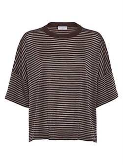 Легкая трикотажная футболка Brunello Cucinelli с блестящими полосами из 90% шерсти мериноса и 10% кашемира, Италия 11167807