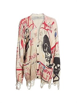 Ультрамодный оверсайз кардиган R13 из 100% хлопка с графическим принтом и рваными элементами 11023398