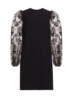 Мини-платье Lela Rose с тюлевыми рукавами, расслабленным силуэтом, вышивкой и карманами 11165557