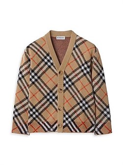 Кардиган из 100% шерсти Burberry с клетчатым узором, V-образным вырезом и длинными рукавами 11013057