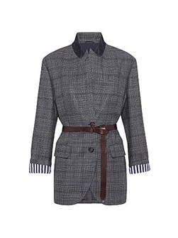 Brunello Cucinelli Пиджак Prince of Wales из натуральной шерсти с кожаным поясом и монильной отделкой 11167847