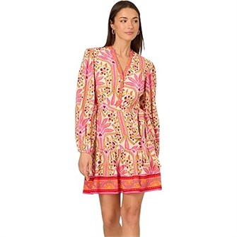 Платье с принтом от Adrianna Papell, с длинными рукавами и V-образным вырезом, 100% вискоза 11178345