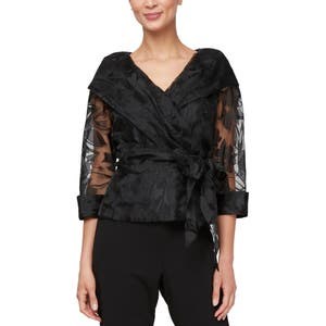 Блузка с цветочным принтом и поясом на завязках от Alex Evenings, полупрозрачные рукава три четверти 10048119
