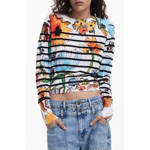 Свитер Desigual с цветочным узором и длинными рукавами, 50% вискозы и акварельным рисунком 10048235